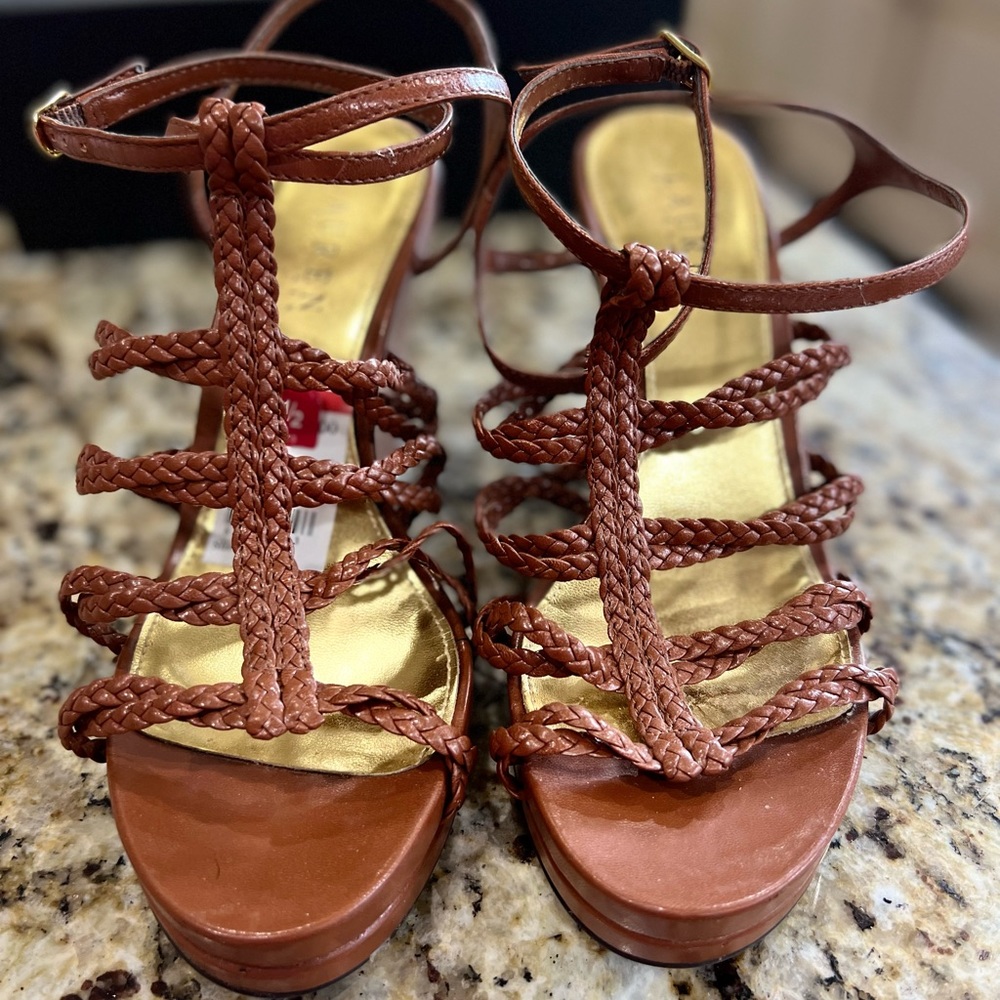 Lauren Ralph Lauren Brown Wedge Sandals with wrap around ankle strap Size 7 1/2